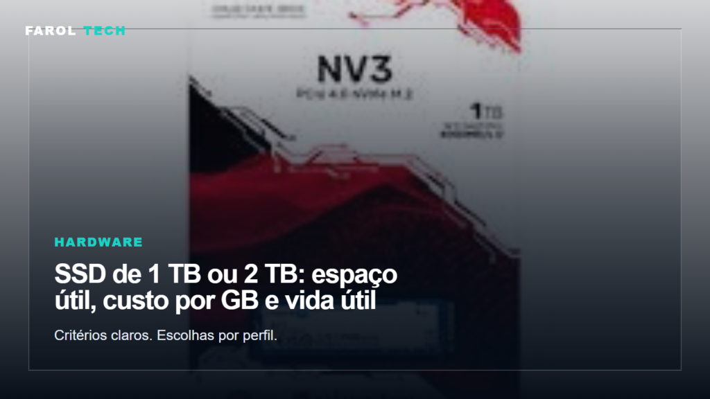 Arte editorial para SSD de 1 TB ou 2 TB: espaço útil, custo por GB e vida útil