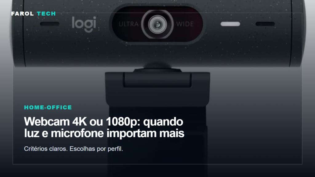 Arte editorial para Webcam 4K ou 1080p: quando luz e microfone importam mais